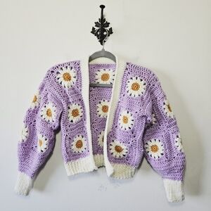 Daisy Afghan Cardigan Sweater S Granny Square Crochet Knit Floral